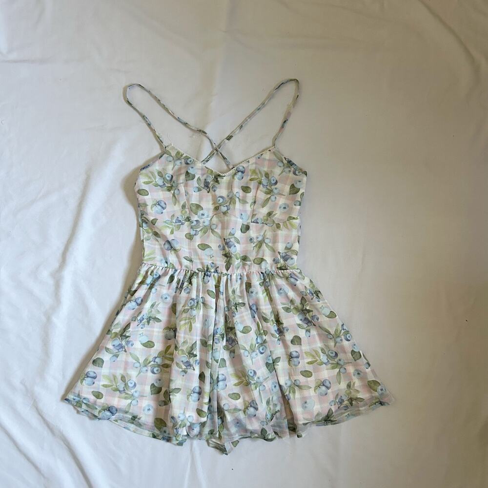 white and blue blueberry fruit print plaid romper